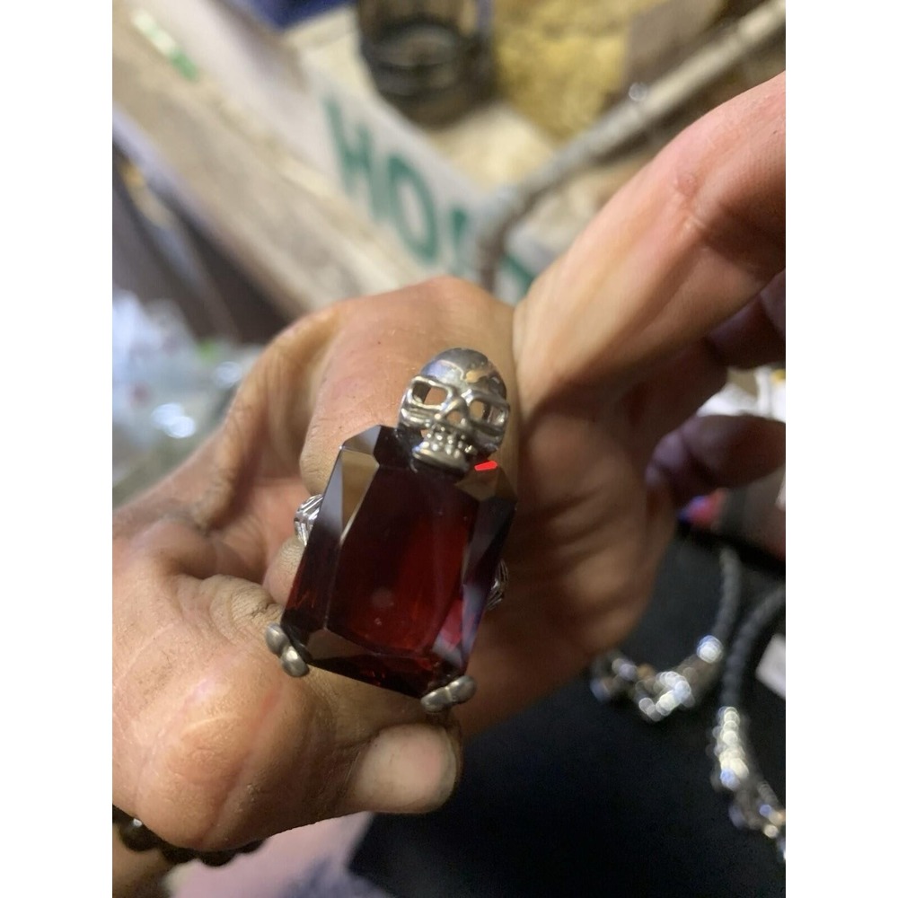 Vintage 925 Sterling Silver Skull Ring Large Garnet Biker 80s Size 9